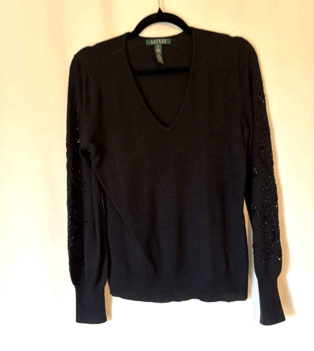 Ralph Laure LRL Sweater Medium Womens Silk Cashmere Black Embroidered